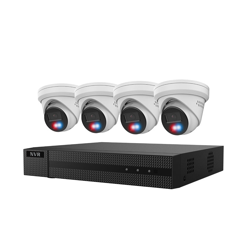 HiLook by Hikvision IK-4248TH-MH/PL 4 Channel 4K NVR with 2TB HDD and 4pcs Active Deterrence 8MP Red and blue strobe light with Siren Turret Camera Kit